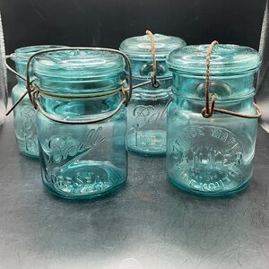 Antique Blue 1 Pint Jars w Lids & Wire Bail Closure, Set of 3 - 2 Ball, 1 Banner